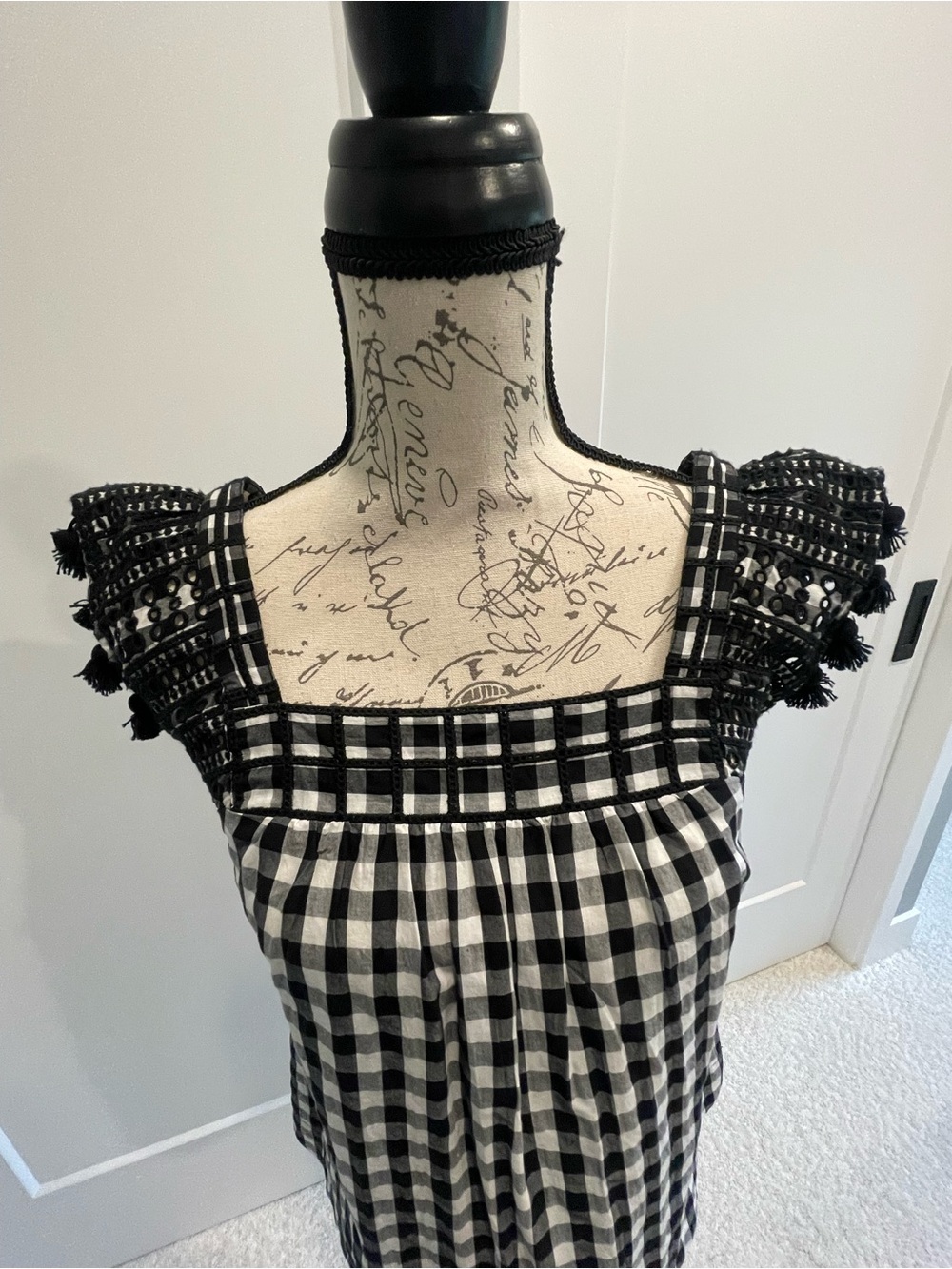J. Crew Black and White Gingham Tunic with Crochet Cap Sleeves